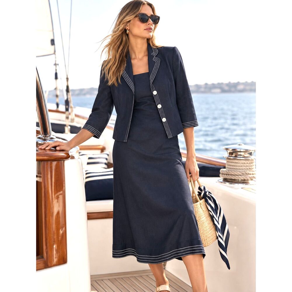 Vintage Cynthia Howie 100% Silk Navy 2 Pc Dress & Blazer Jacket Set Sz 8
